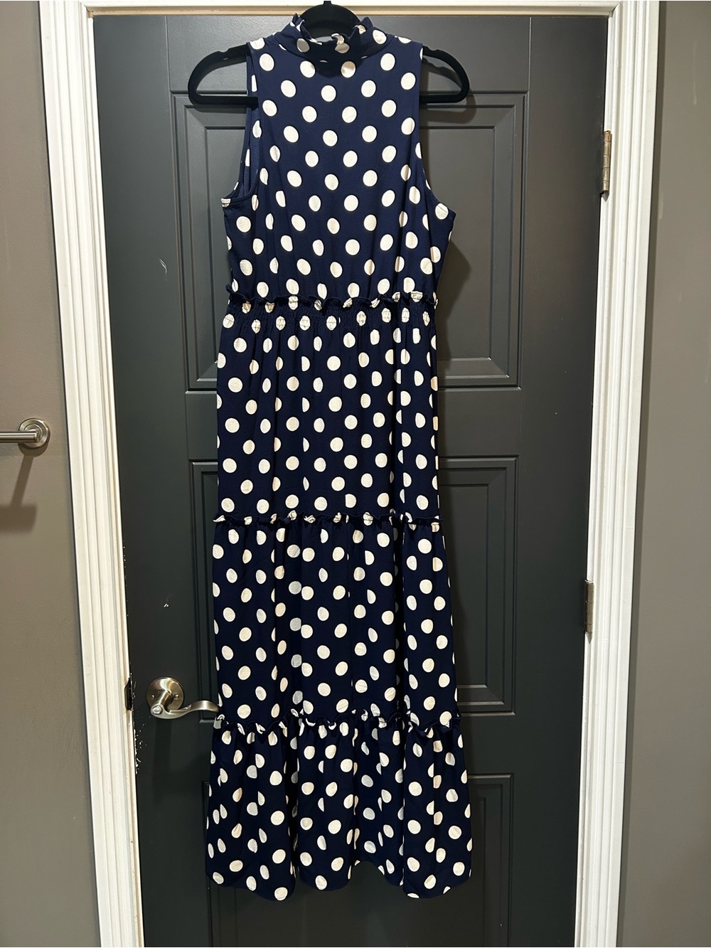 London Times Navy and White Polka Dot Tiered Maxi Dress - Picture 3 of 4